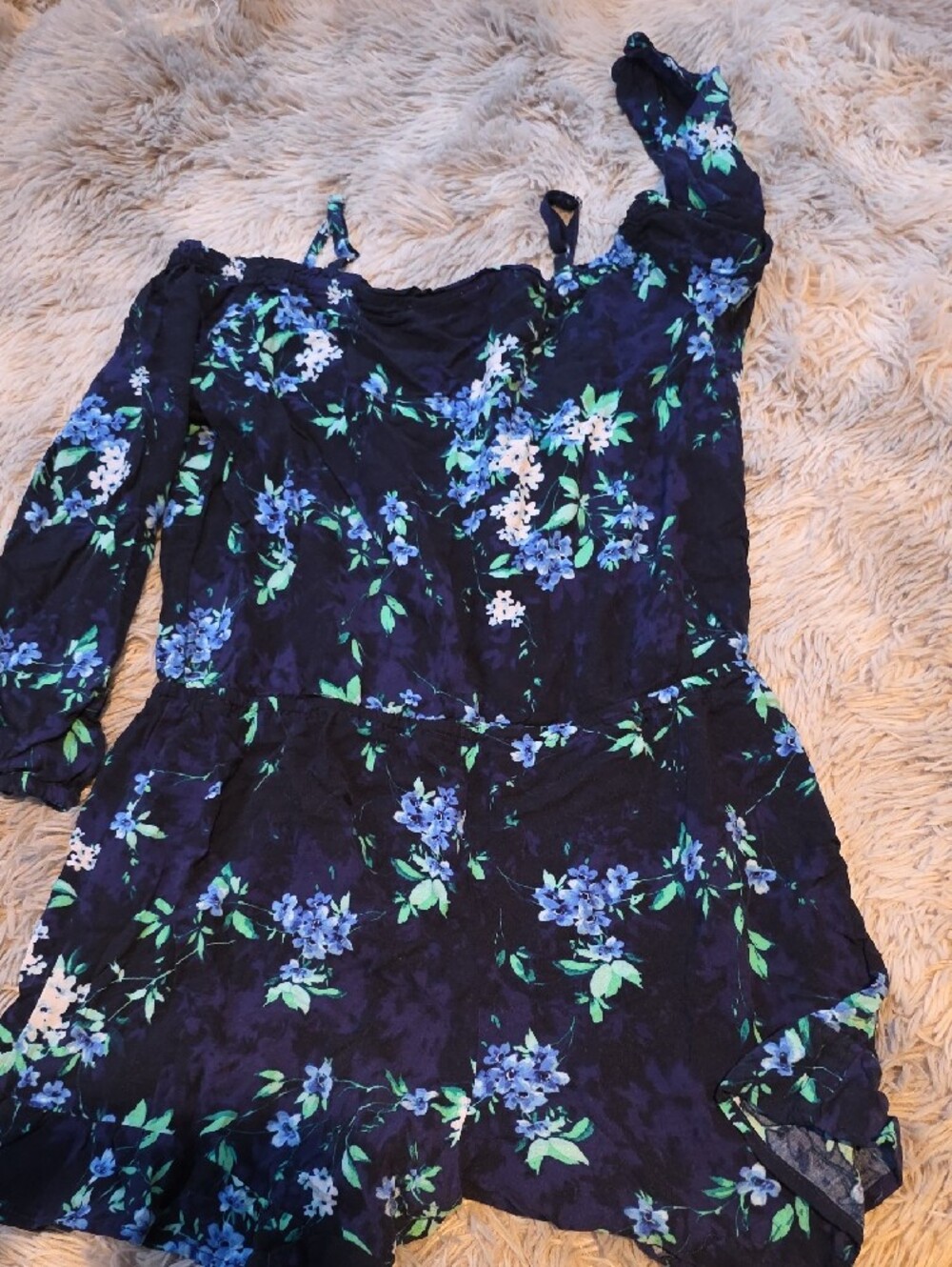 The Children's Place Navy Floral Off-Shoulder Romper with Blue & Green Flowers - Picture 3 of 5